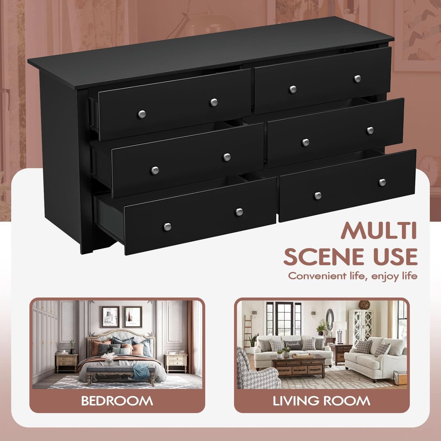 Solid Wood Black Dresser With Six Drawers Contemporary: Black