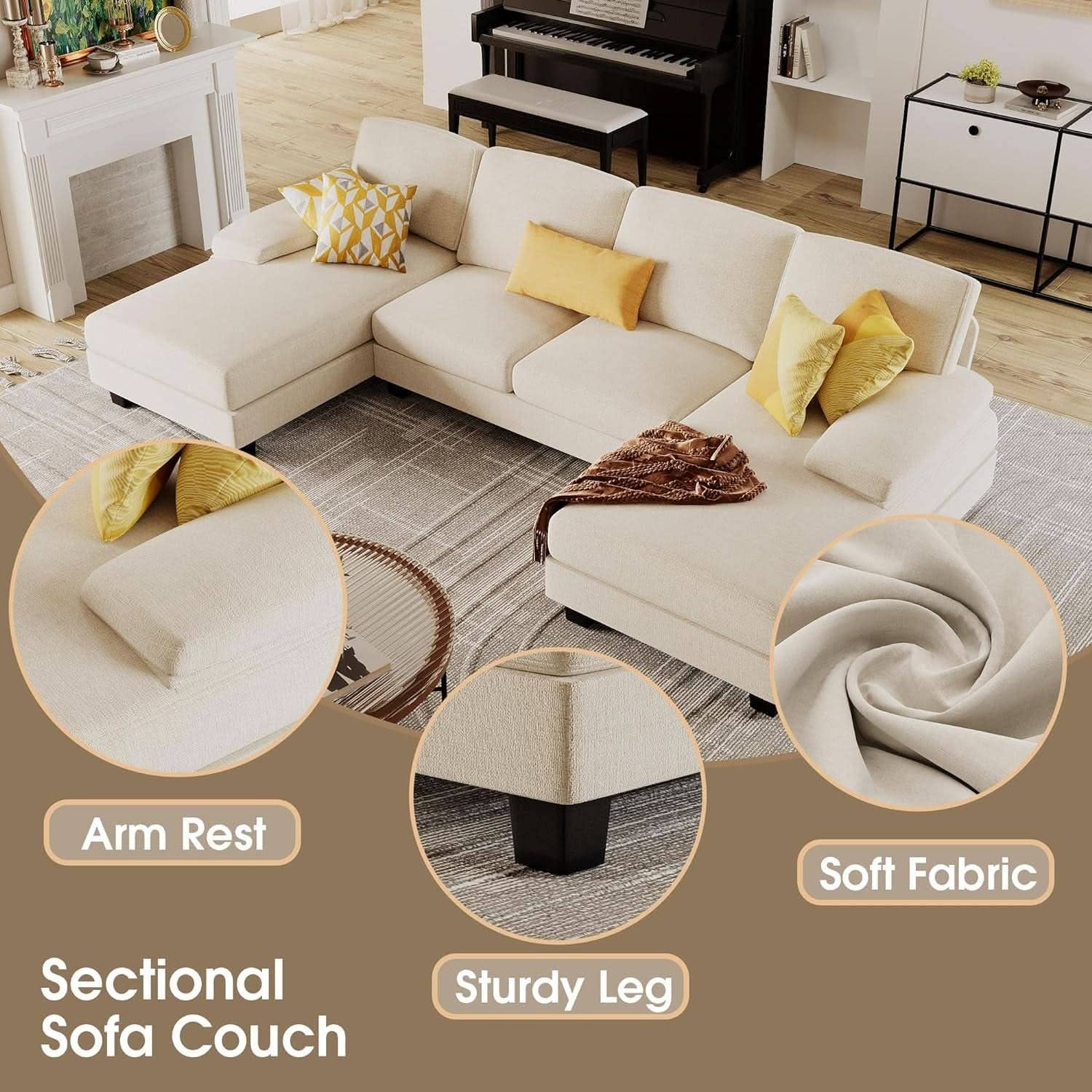 White Linen Sectional Sofa U Shaped 4 Seat Chaise Couch: White / Fabric