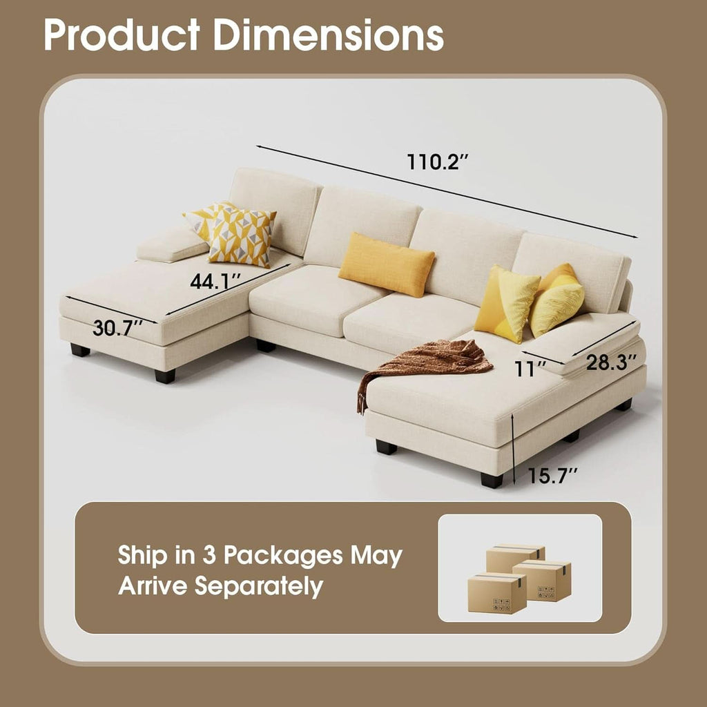 White Linen Sectional Sofa U Shaped 4 Seat Chaise Couch: White / Fabric
