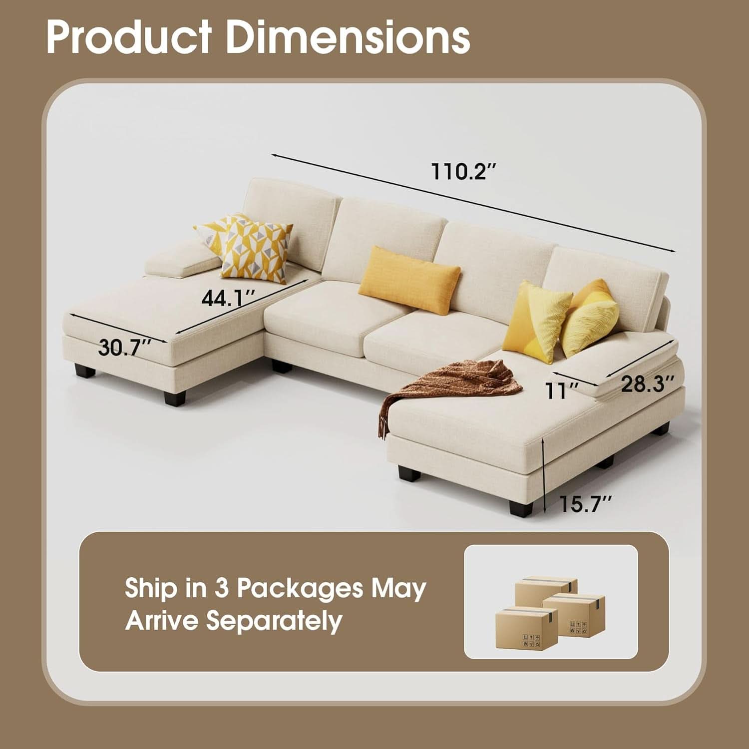 White Linen Sectional Sofa U Shaped 4 Seat Chaise Couch: White / Fabric