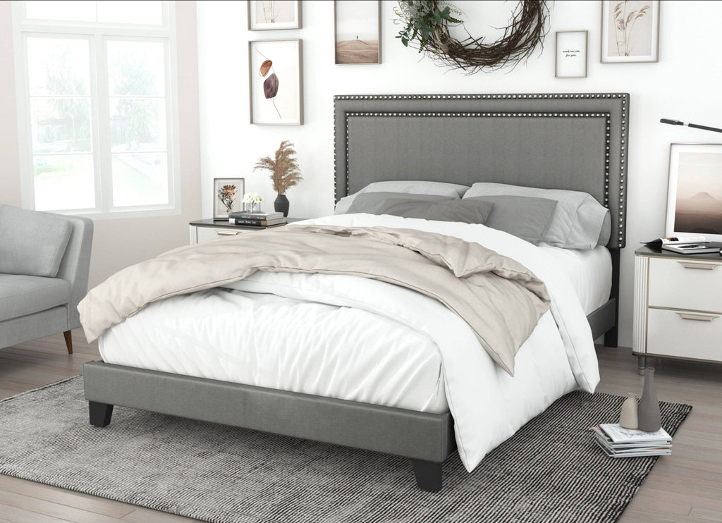 Ocala Twin Upholstered Panel Bed Frame with Padded Headboard and Sturdy Support, Gray, Easy Assembly: King / Black