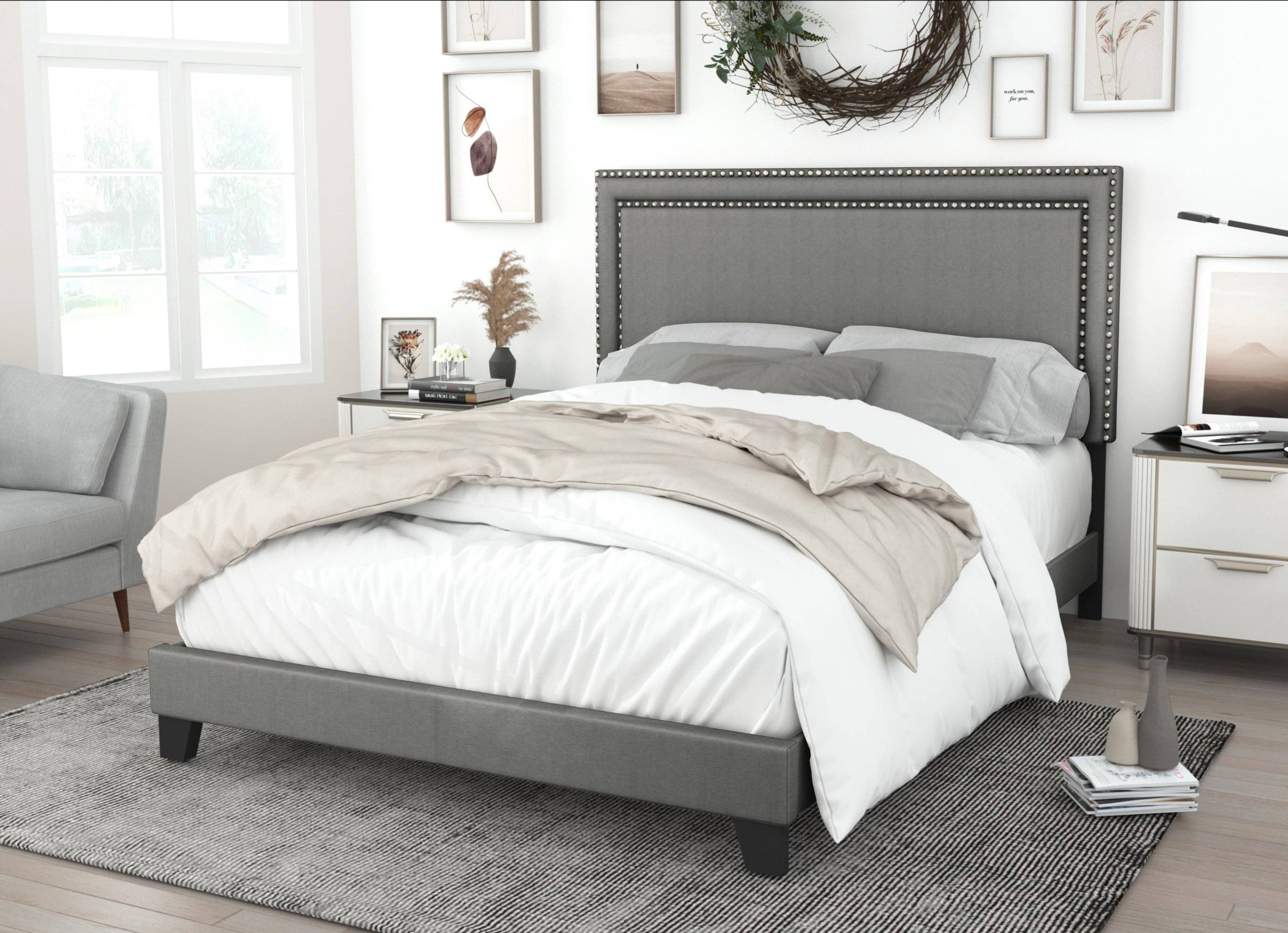 Ocala Twin Upholstered Panel Bed Frame with Padded Headboard and Sturdy Support, Gray, Easy Assembly: King / Black