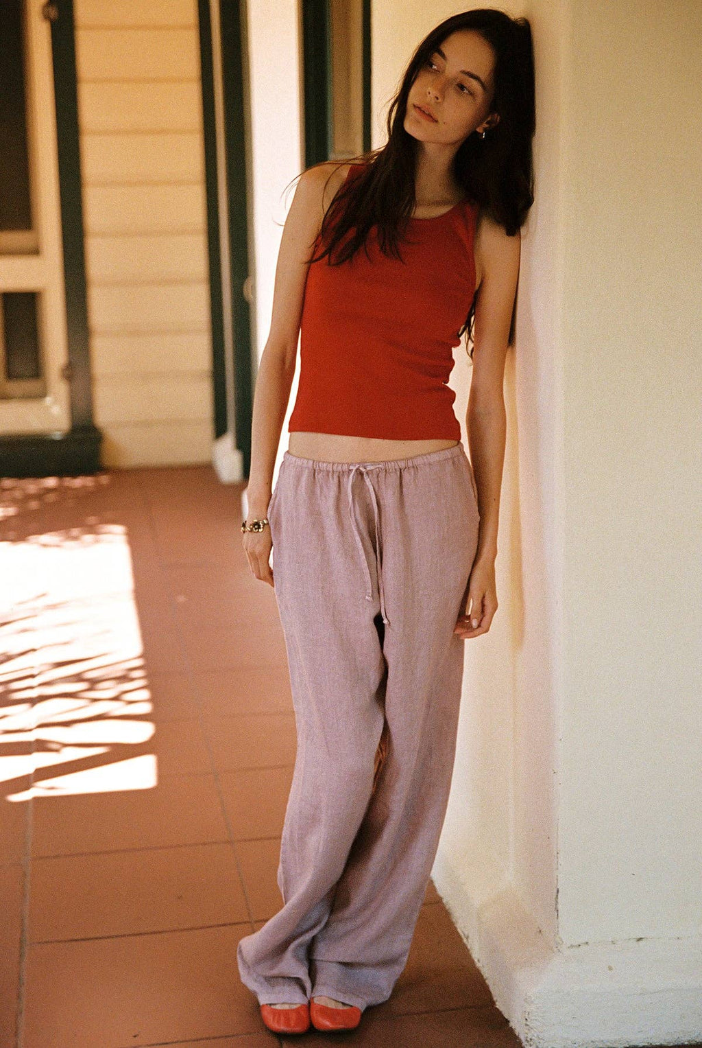 Linen Drawstring Pant: Black / S