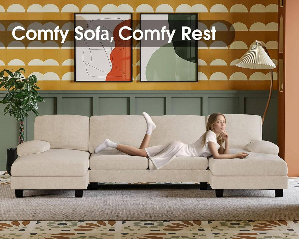 White Linen Sectional Sofa U Shaped 4 Seat Chaise Couch: White / Fabric