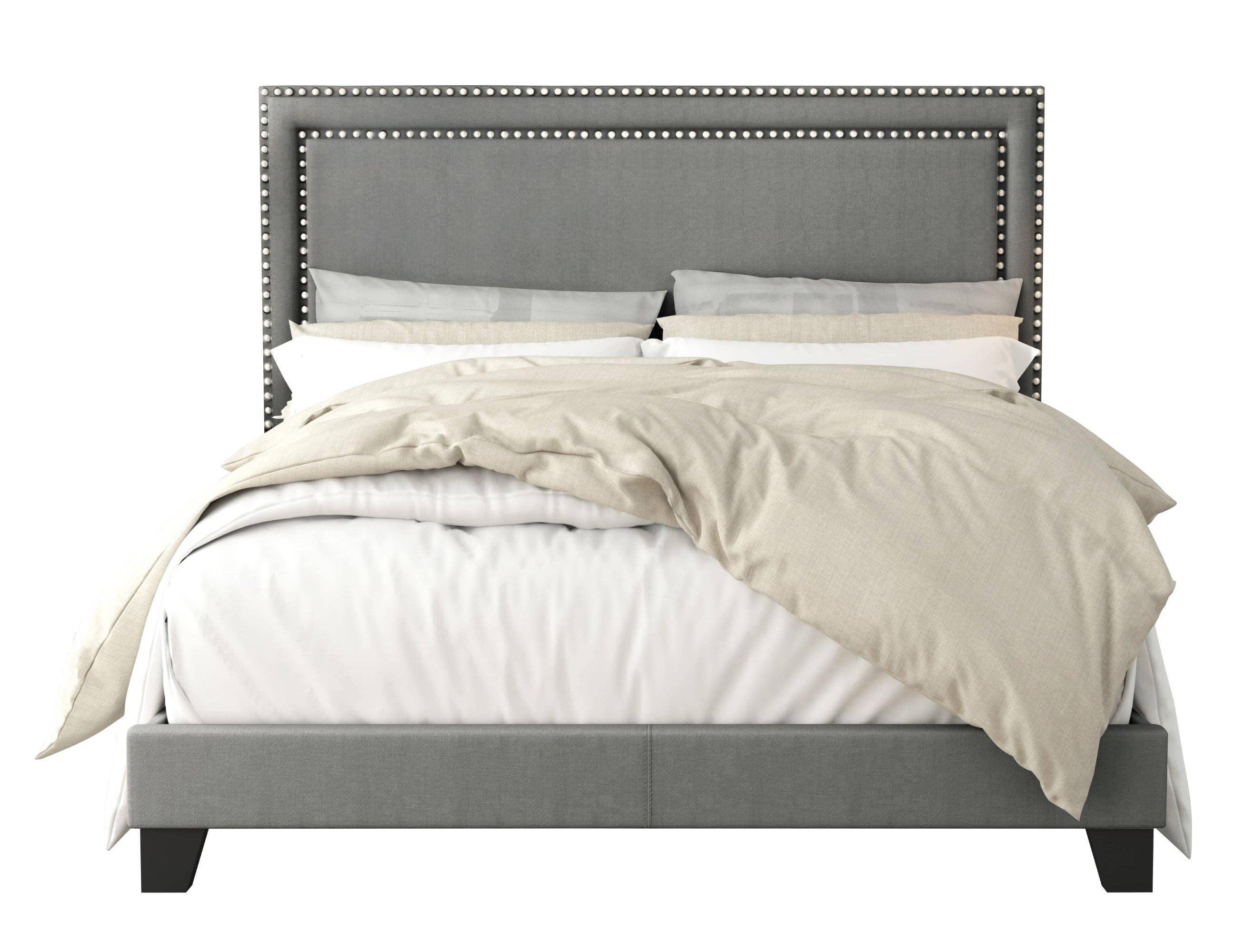 Ocala Twin Upholstered Panel Bed Frame with Padded Headboard and Sturdy Support, Gray, Easy Assembly: King / Black
