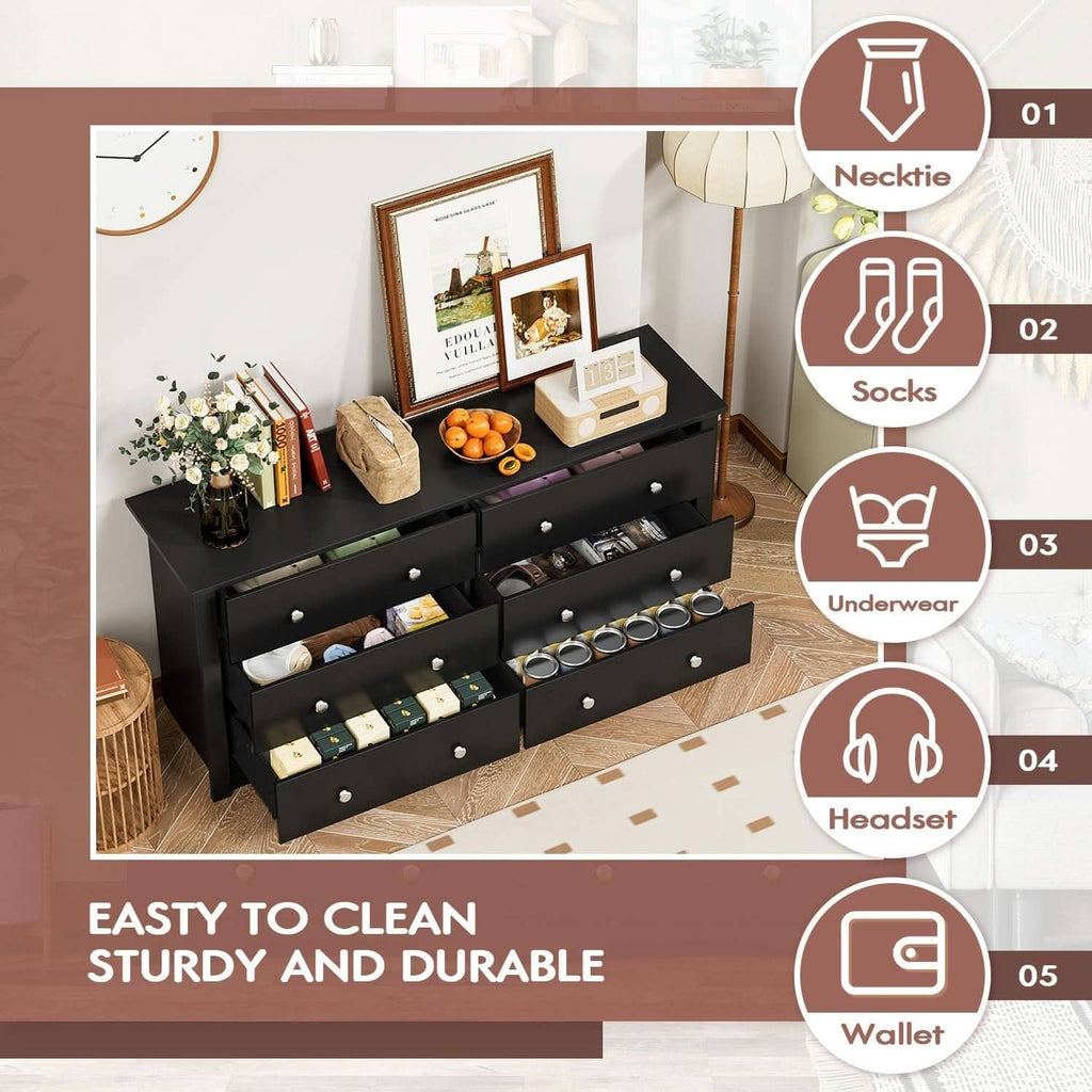 Solid Wood Black Dresser With Six Drawers Contemporary: Black