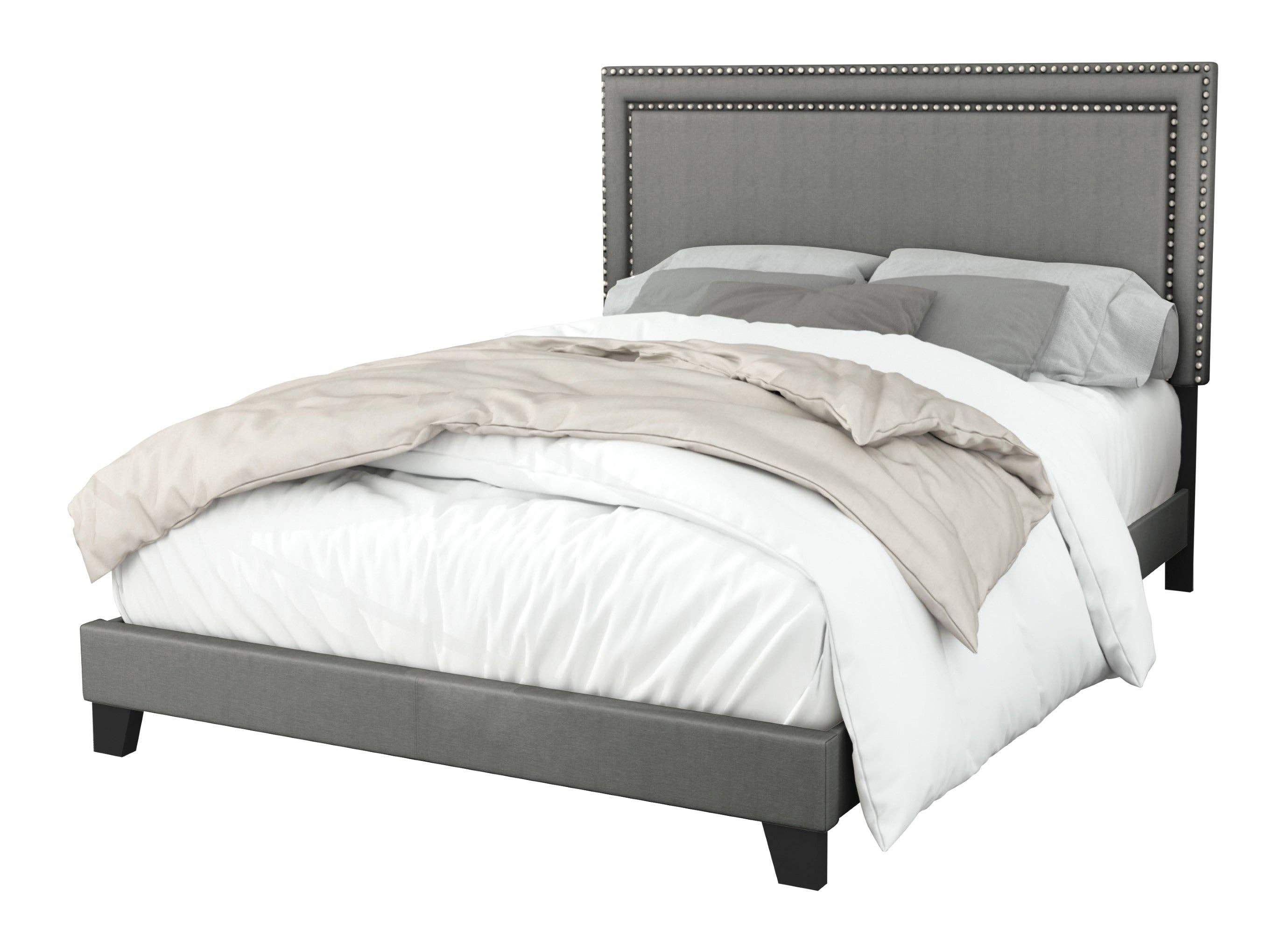 Ocala Twin Upholstered Panel Bed Frame with Padded Headboard and Sturdy Support, Gray, Easy Assembly: King / Black