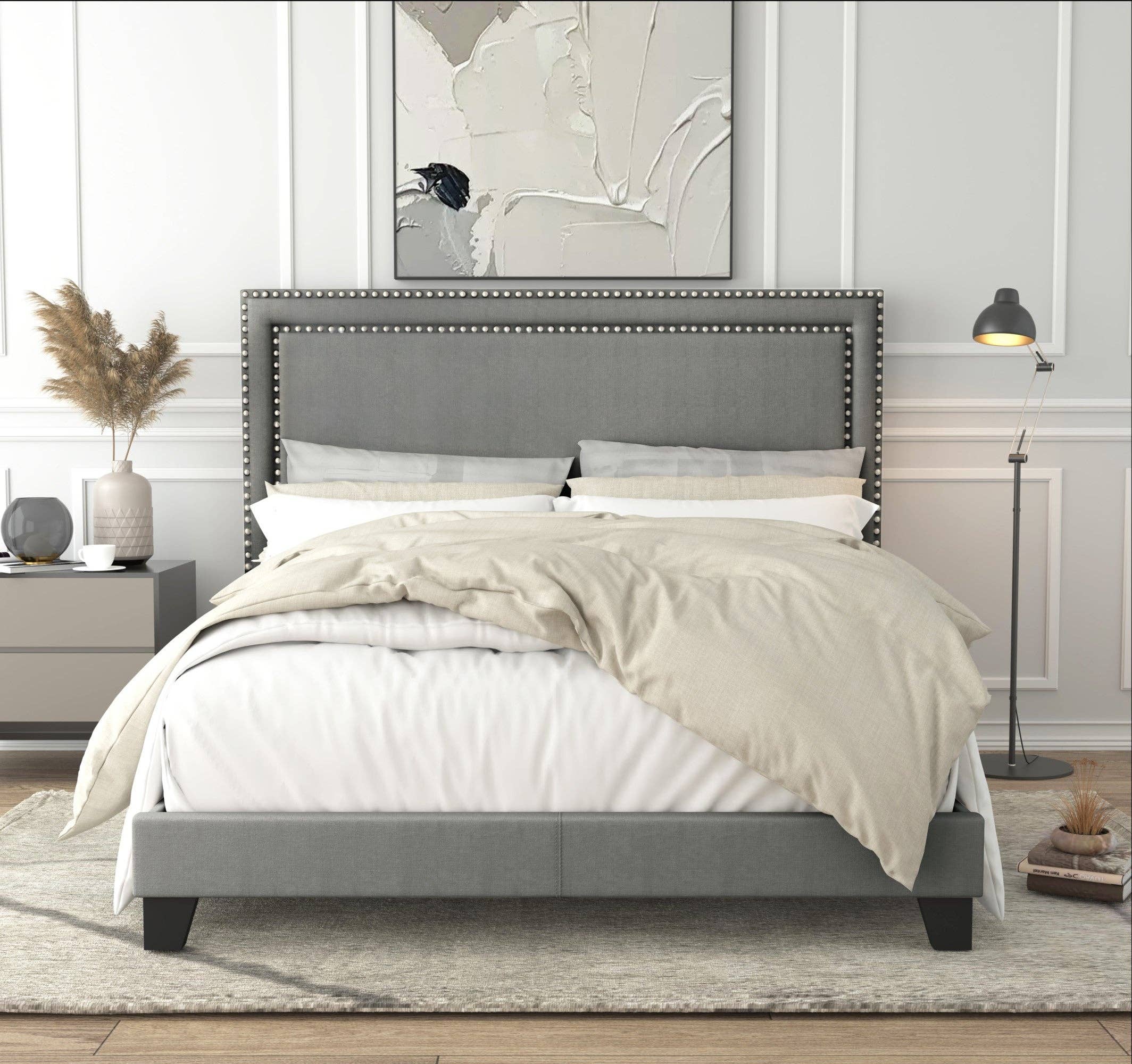 Ocala Twin Upholstered Panel Bed Frame with Padded Headboard and Sturdy Support, Gray, Easy Assembly: King / Black