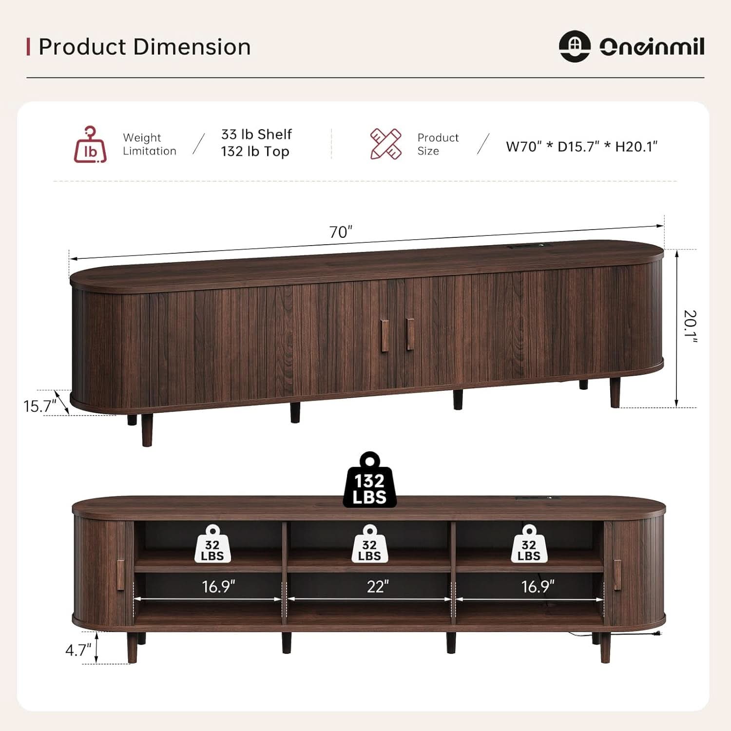 70 Inch Walnut Finish Contemporary Television Console