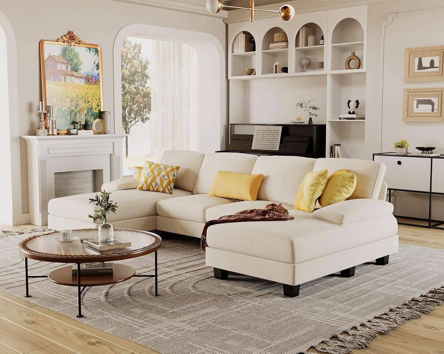 White Linen Sectional Sofa U Shaped 4 Seat Chaise Couch: White / Fabric