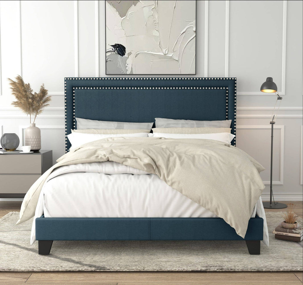 Ocala Twin Upholstered Panel Bed Frame with Padded Headboard and Sturdy Support, Gray, Easy Assembly: King / Black