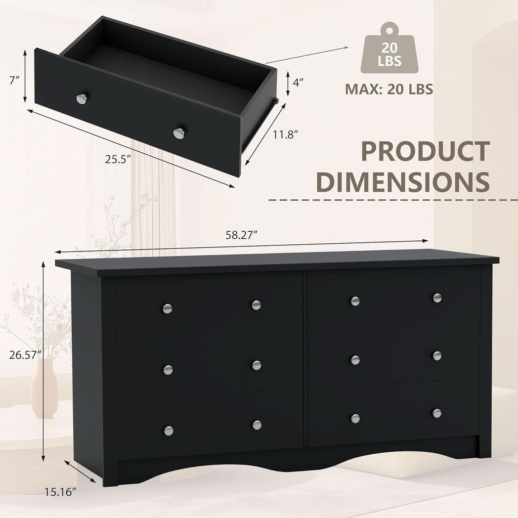 Solid Wood Black Dresser With Six Drawers Contemporary: Black