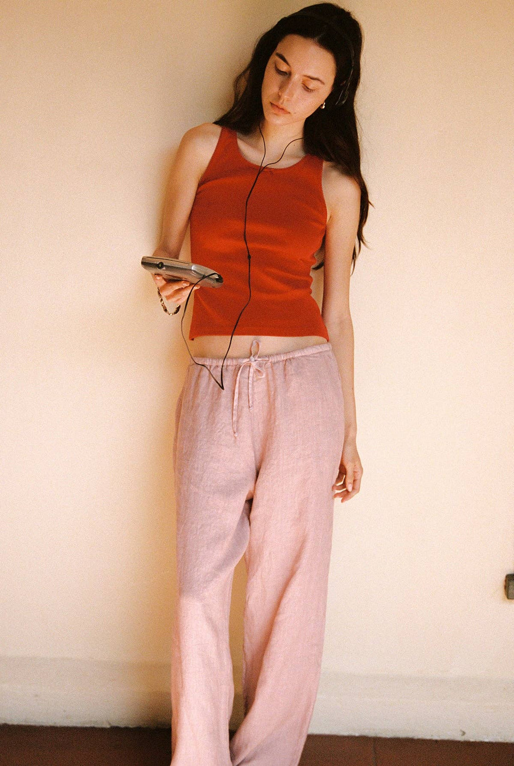 Linen Drawstring Pant: Black / S