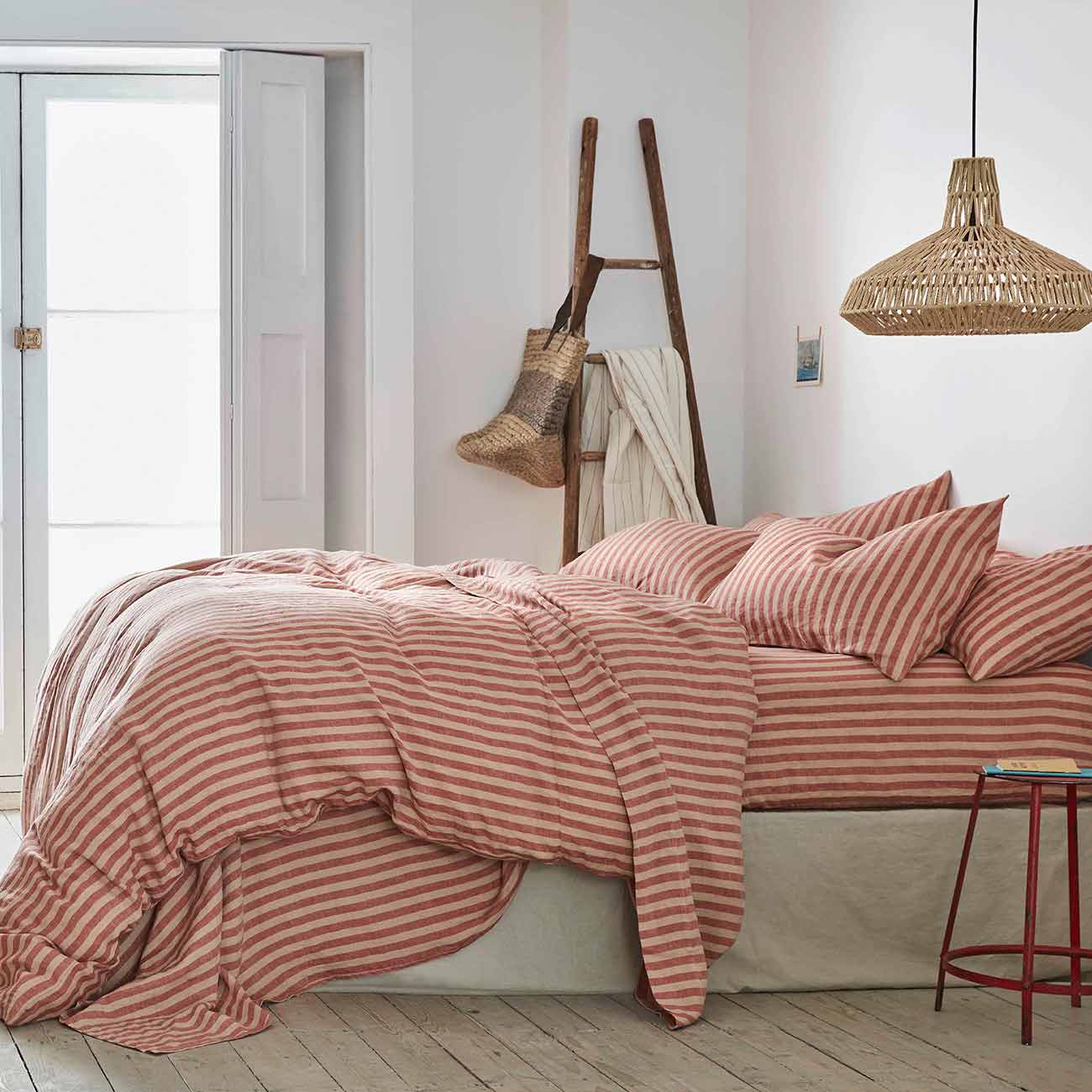 Sandstone Red Stripe Linen Fitted Sheet: Queen