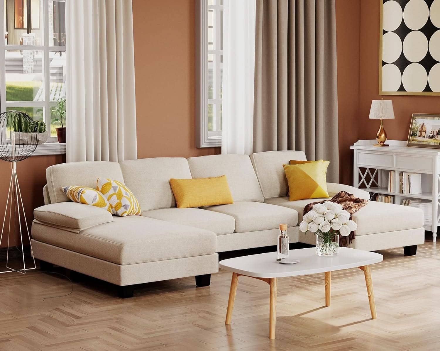 White Linen Sectional Sofa U Shaped 4 Seat Chaise Couch: White / Fabric