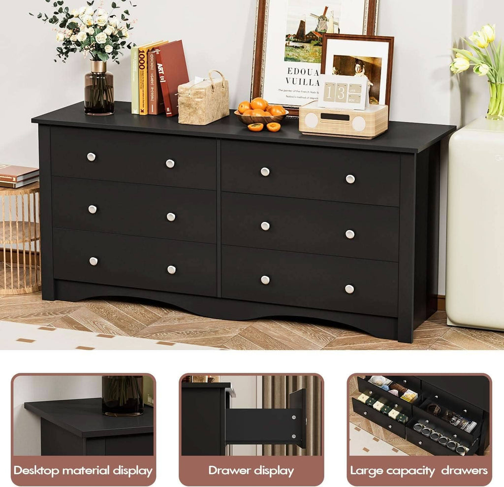 Solid Wood Black Dresser With Six Drawers Contemporary: Black