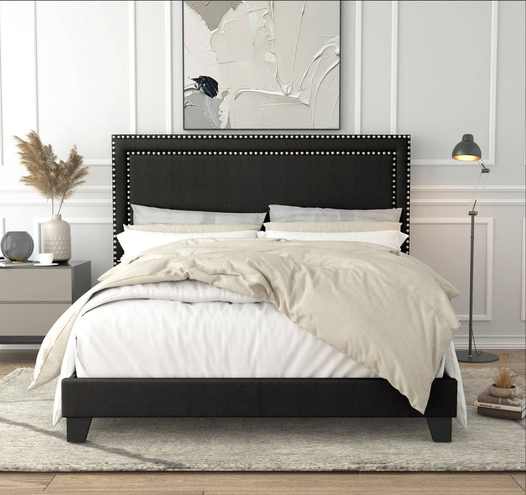 Ocala Twin Upholstered Panel Bed Frame with Padded Headboard and Sturdy Support, Gray, Easy Assembly: King / Black