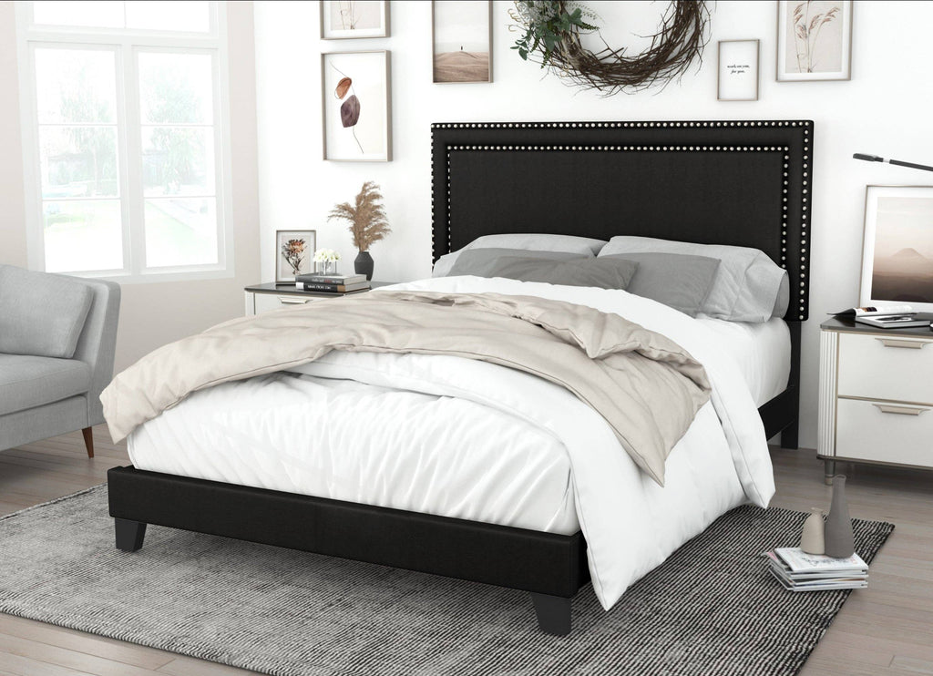 Ocala Twin Upholstered Panel Bed Frame with Padded Headboard and Sturdy Support, Gray, Easy Assembly: King / Black