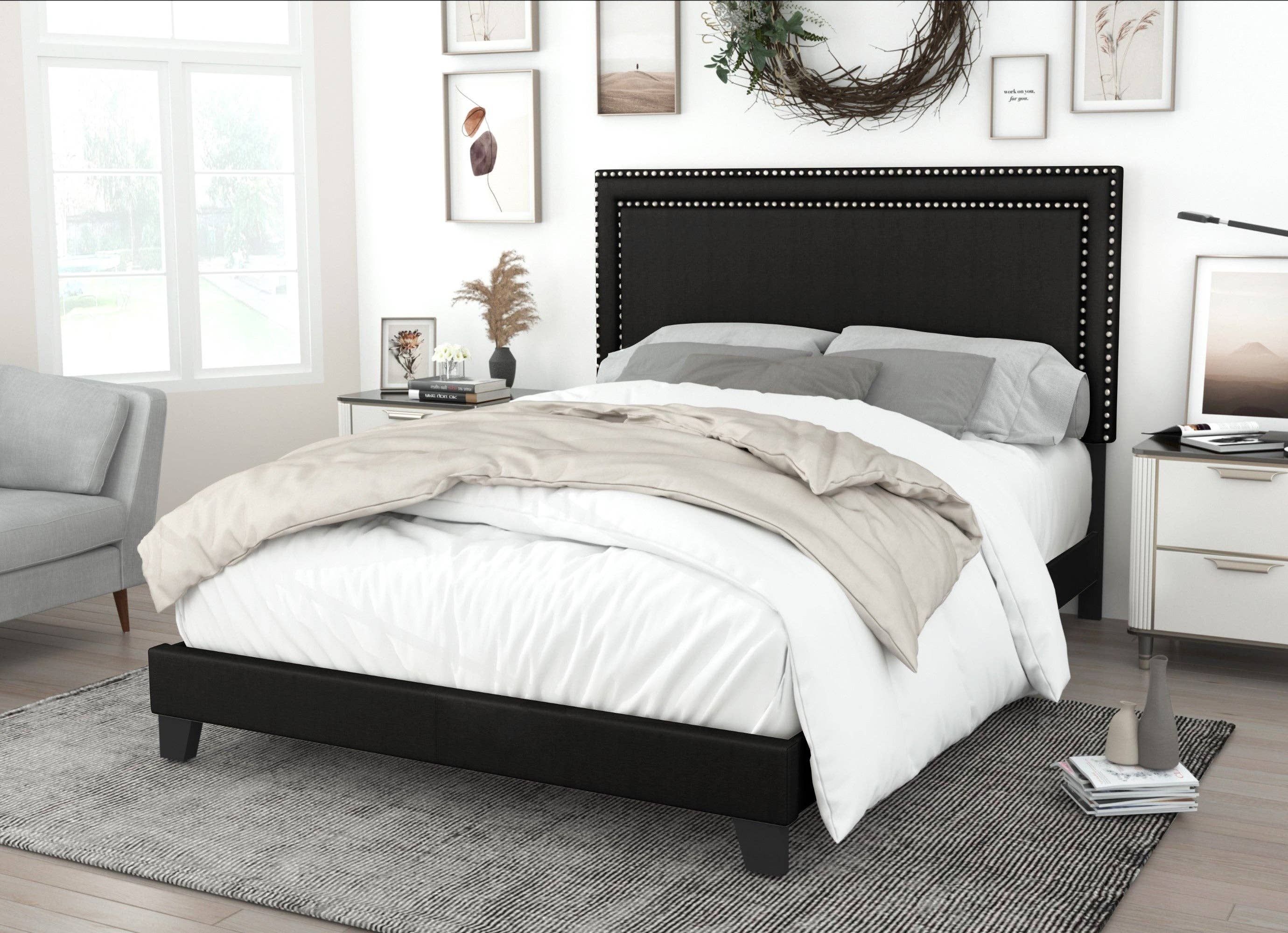 Ocala Twin Upholstered Panel Bed Frame with Padded Headboard and Sturdy Support, Gray, Easy Assembly: King / Black