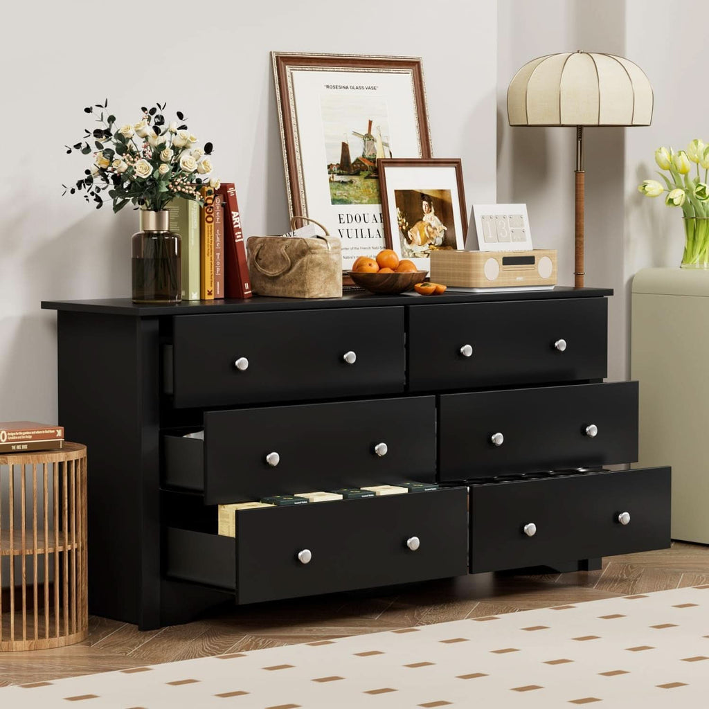 Solid Wood Black Dresser With Six Drawers Contemporary: Black