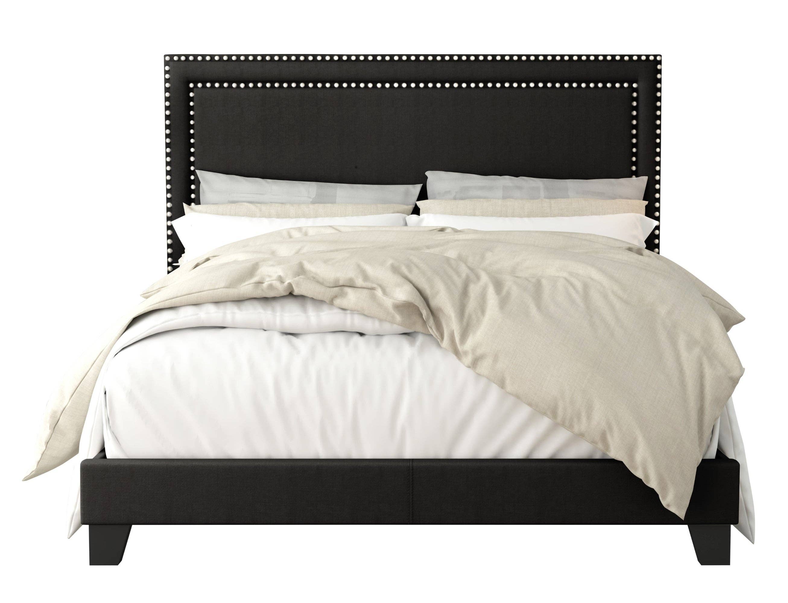 Ocala Twin Upholstered Panel Bed Frame with Padded Headboard and Sturdy Support, Gray, Easy Assembly: King / Black